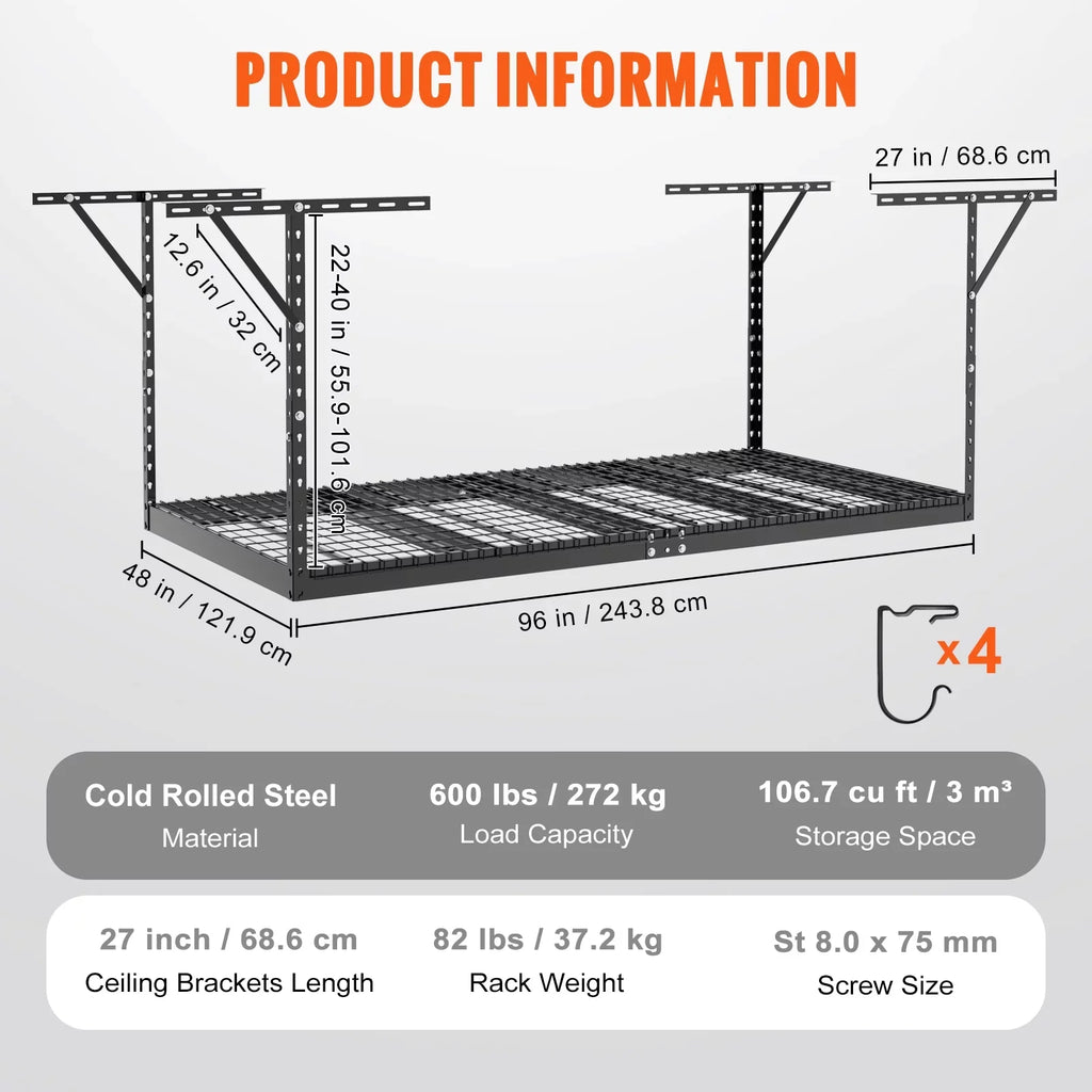SizeKYSizeHALO Overhead Adjustable Garage Sizetorage Rack 48x96" Ceiling Rack 600 lbs Black
