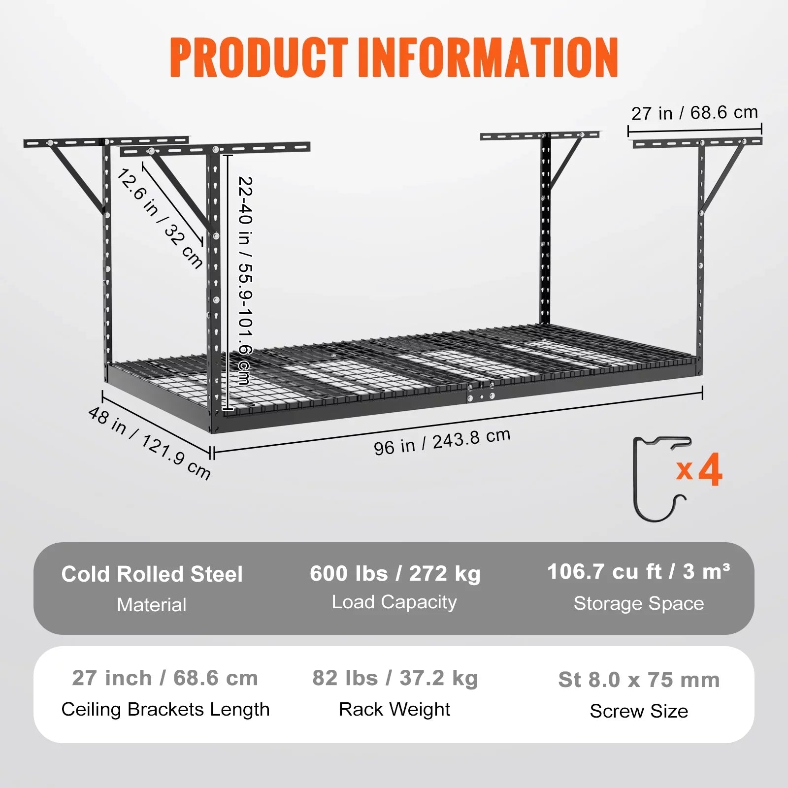 SizeKYSizeHALO Overhead Adjustable Garage Sizetorage Rack 48x96" Ceiling Rack 600 lbs Black