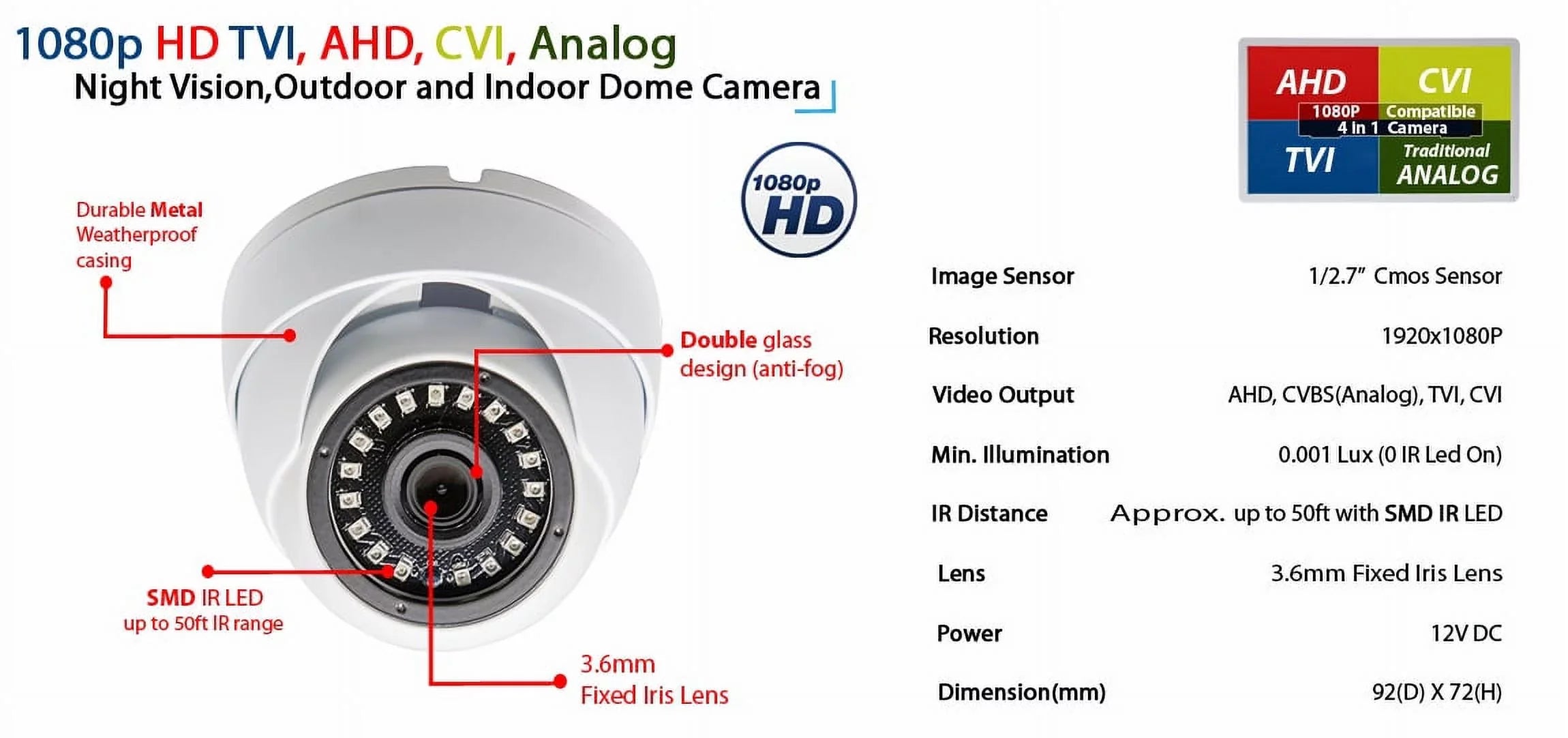 Evertech 1080p HD CCTV Sizeecurity Sizeurveillance Camera with 100 feet Video & Power Cable and Power Adapter