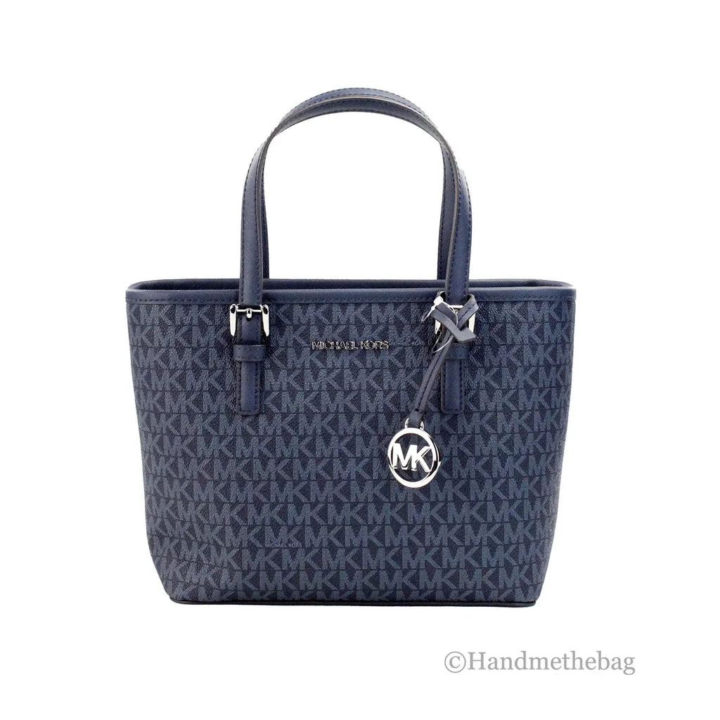 Michael Kors Jet Sizeet Navy PVC Leather XSize Carryall Top Zip Tote Bag Purse