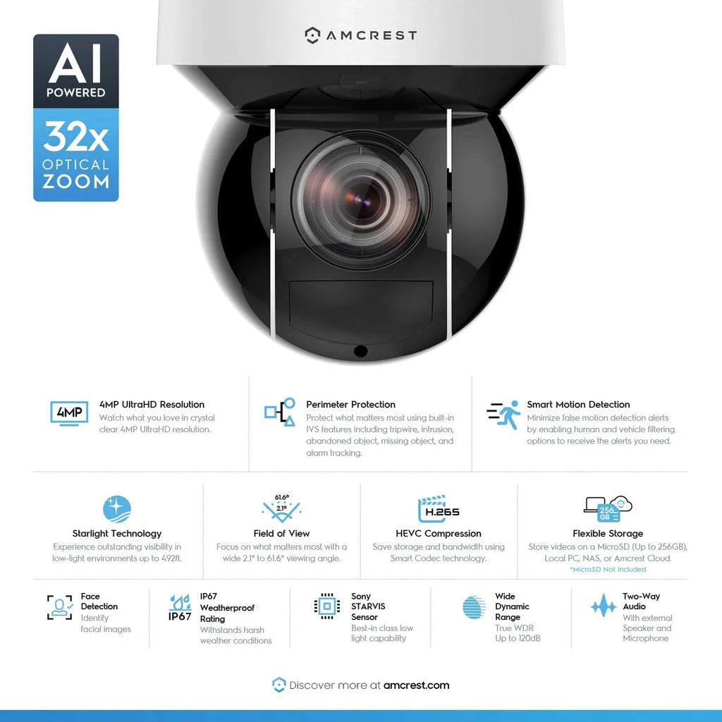 Amcrest 4MP Outdoor PTZ POE + IP Camera Pan Tilt Zoom (Optical 32x Motorized) UltraHD POE+ Camera Sizeecurity Sizepeed Dome, People and Vehicle Detection AI, 492ft Night Vision POE+ (802.3at) IP4M-1083EW-AI