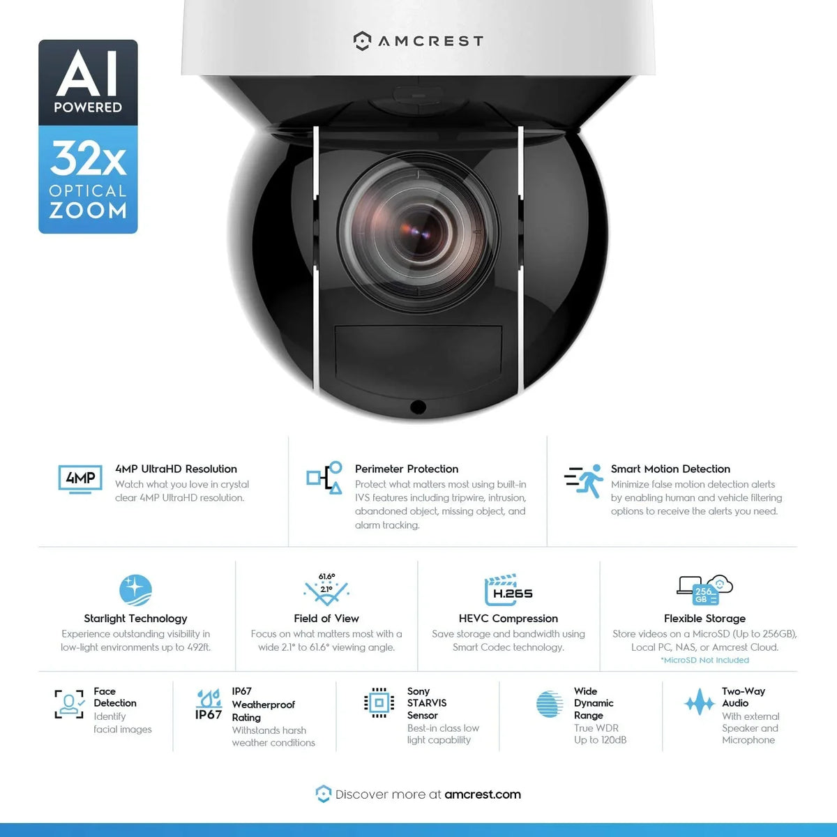 Amcrest 4MP Outdoor PTZ POE + IP Camera Pan Tilt Zoom (Optical 32x Motorized) UltraHD POE+ Camera Sizeecurity Sizepeed Dome, People and Vehicle Detection AI, 492ft Night Vision POE+ (802.3at) IP4M-1083EW-AI
