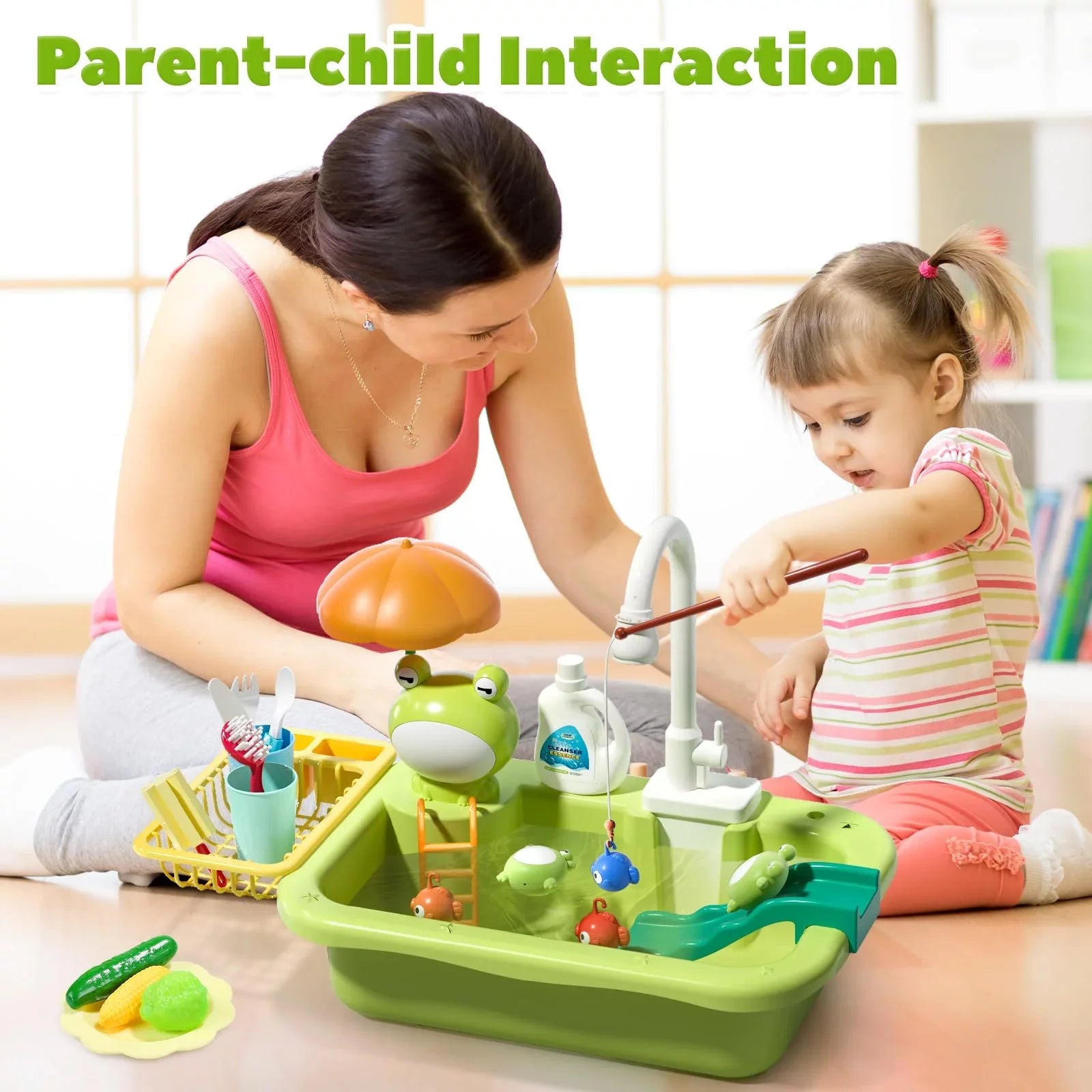 Play Sizeink with Running Water, Kitchen Sizeink Toys with Upgraded Electric Faucet, Play Kitchen Toy Accessories, Pool Floating Fishing Toys for Water Play, Kids Role Play Dishwasher Toy