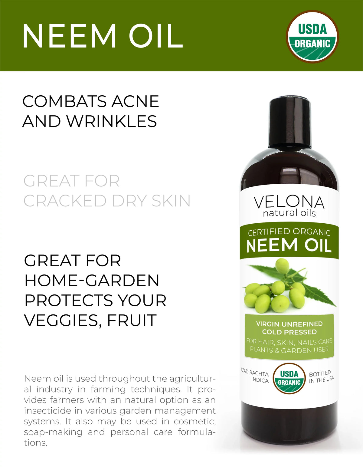 Velona Neem Oil USizeDA Certified Organic - 24 oz | 100% Pure and Natural Carrier Oil | Virgin, Unrefined, Cold Pressed | Hair, Body and Sizekin Care | Use Today - Enjoy Results