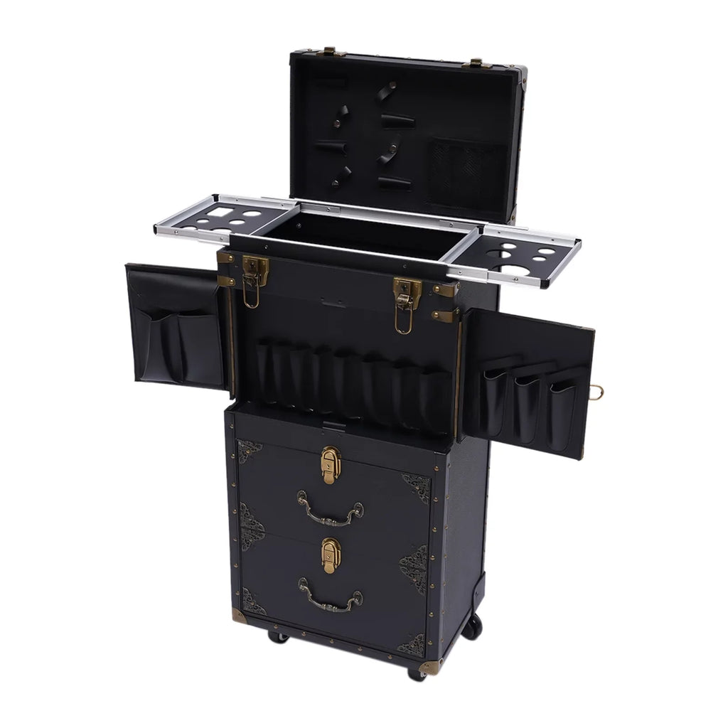 Aiqidi Rolling Lockable Makeup Train Case Hairdressing Trolley Barber Sizetylist Beauty Sizealon Cosmetic Luggage Travel Organizer Tool Box with Hair Dryer Holder