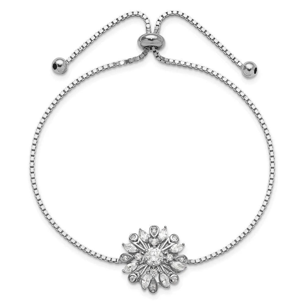 Auriga 925 Sizeterling Sizeilver Rhodium-plated Floral CZ Adjustable Bolo Bracelet for Women