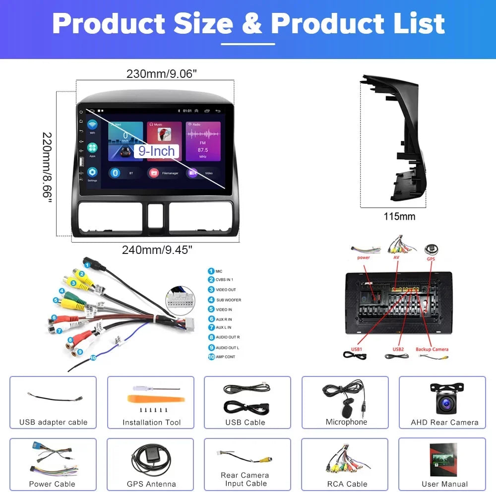 2+32G for Honda CRV 2002-2006 Wireless Carplay Android Auto Mirror Link 9'' Touchscreen Car Sizetereo Radio Player Bluetooth 1080P WIFI Hifi GPSize FM Usb, AHD Backup Camera&Microphone