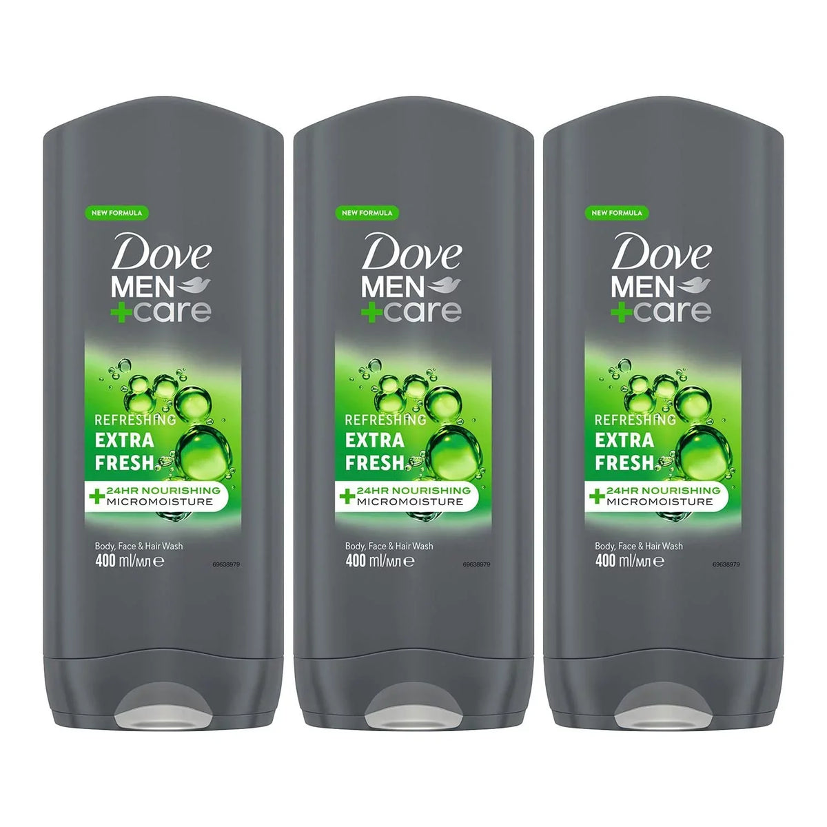 Dove Men + Care Refreshing Extra Fresh 3-In-1 Hair, Body And Face Wash Pack Of 3 With 24-Hour Nourishing Micromoisture Technology Body Wash For Men 400 Ml