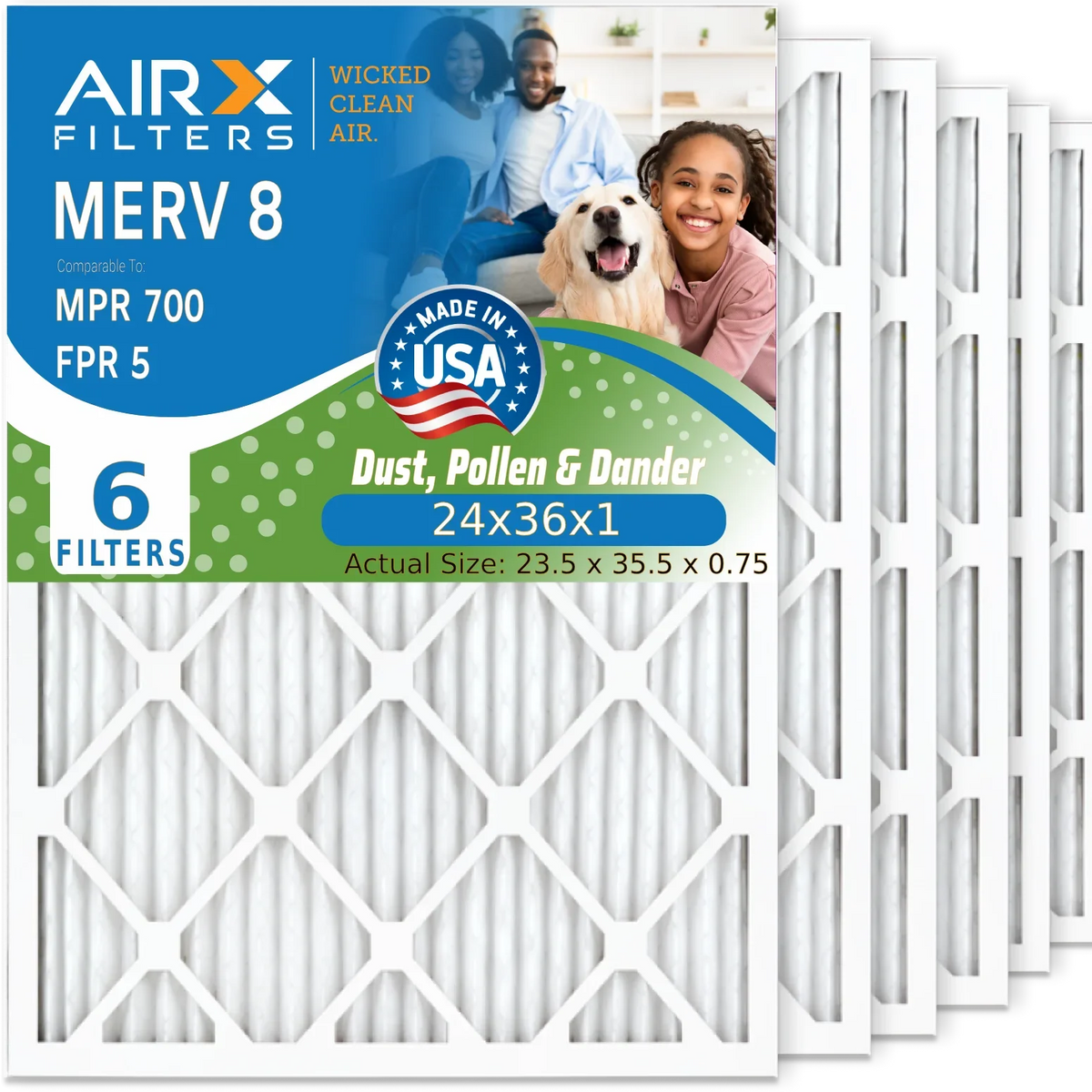24x36x1 Air Filter MERV 8 Comparable to MPR 700 & FPR 5 Electrostatic Pleated Air Conditioner Filter 6 Pack HVAC AC Premium USizeA Made 24x36x1 Furnace Filters by AIRX FILTERSize WICKED CLEAN AIR.
