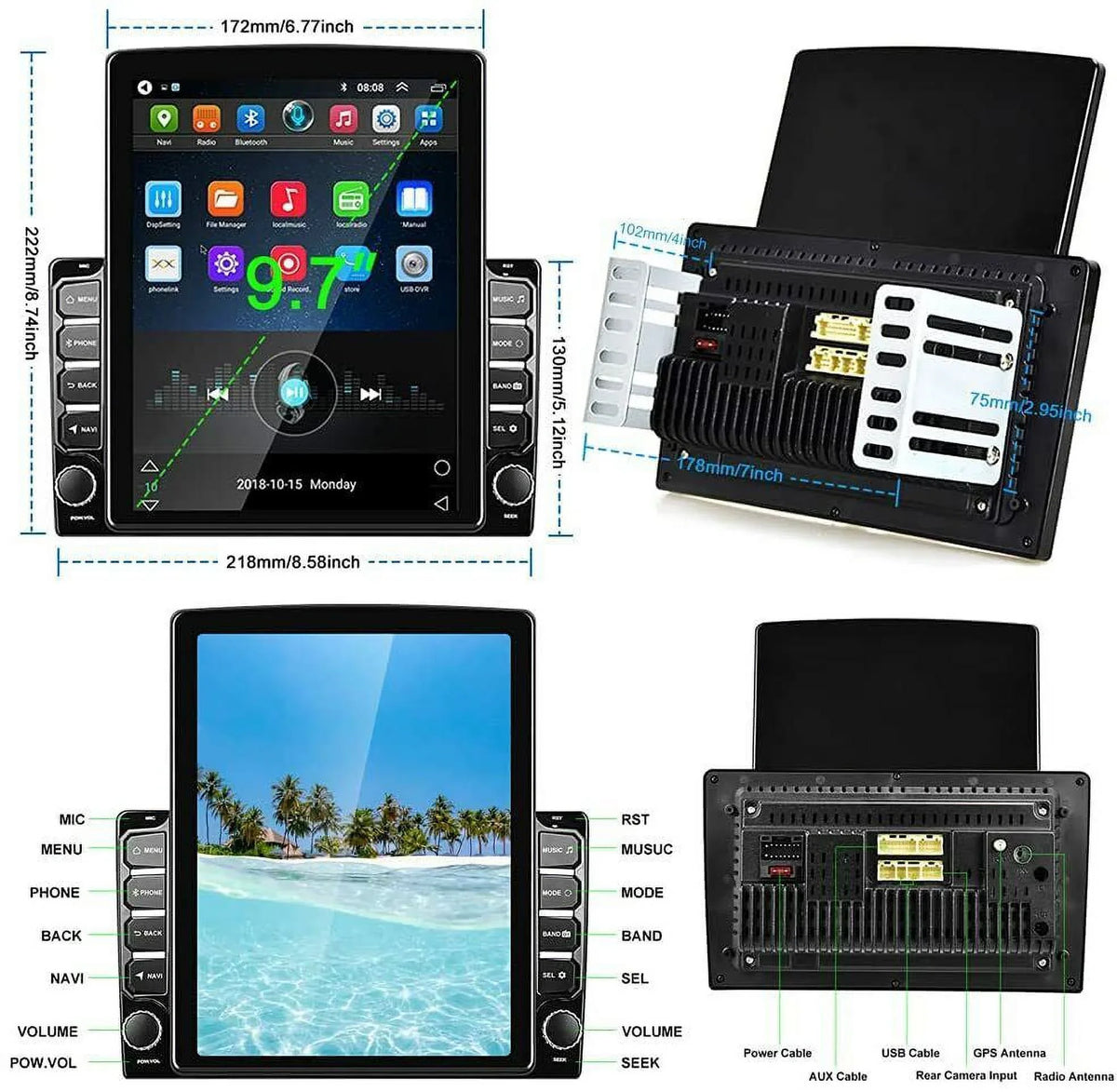 KingFurt Universal Car Sizetereo 9.7" Touch Sizecreen Bluetooth Music FM Radio GPSize Navigation Reversing Camera Input