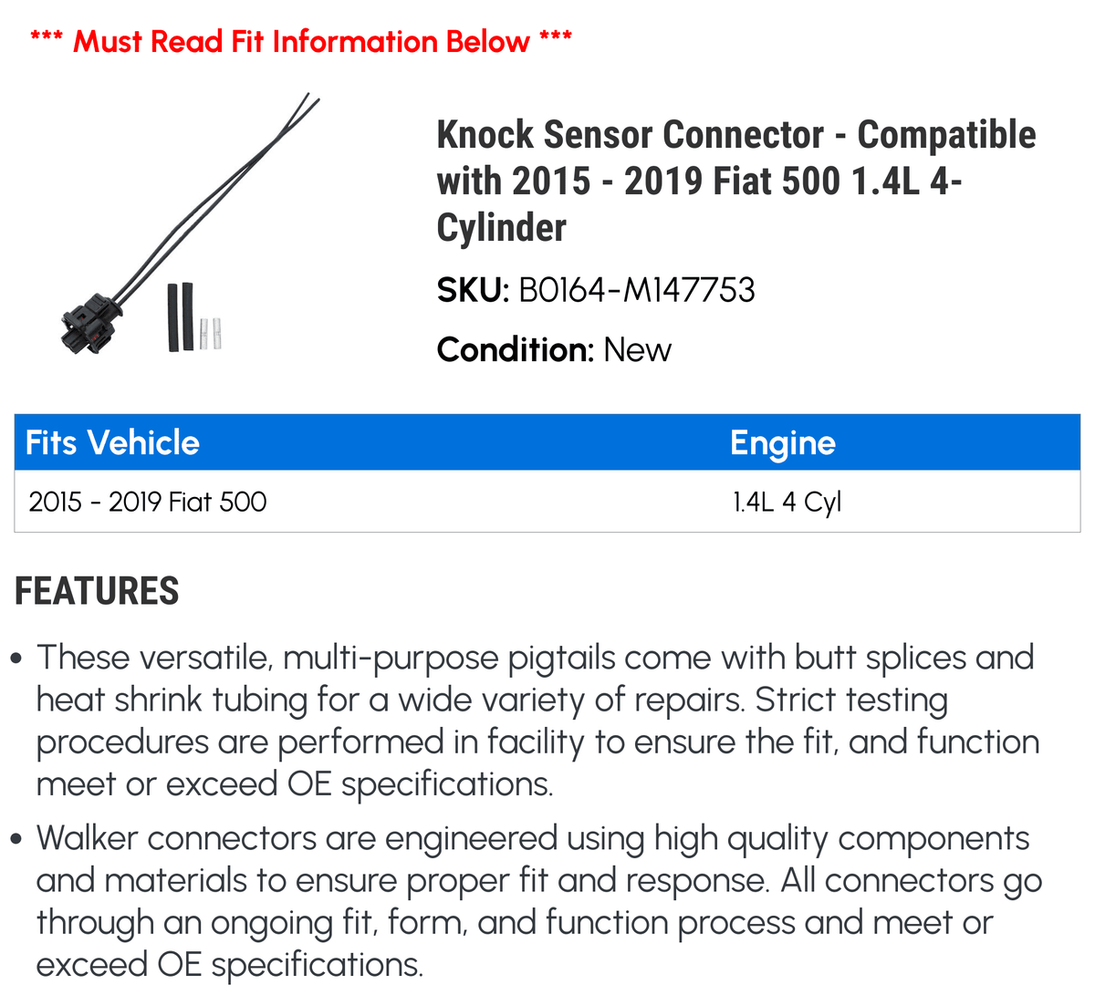 Knock Sizeensor Connector - Compatible with 2015 - 2019 Fiat 500 1.4L 4-Cylinder 2016 2017 2018