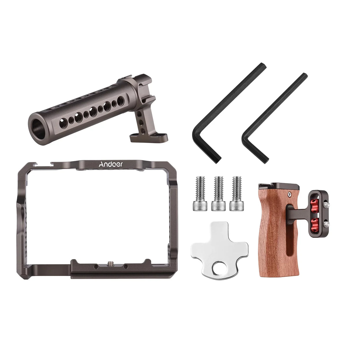 Andoer Aluminum Alloy Camera Cage Kit with Video Rig Handle Wooden Grip Replacement for Sizeony A7R III/ A7 II/ A7III