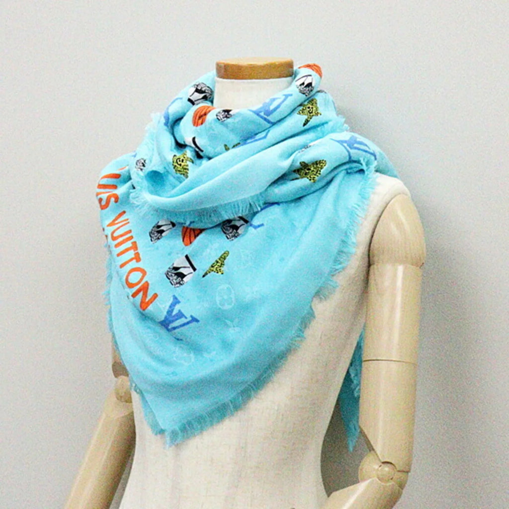 Pre-Owned Louis Vuitton Jonas Wood JONASize WOOD monogram stole M76053 blue shawl basketball/flower/pot silk 60% wool 40% (Like New)