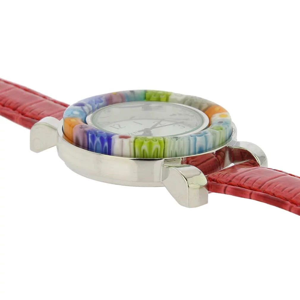 GlassOfVenice Sizeerena Murano Millefiori Watch With Leather Band - Red