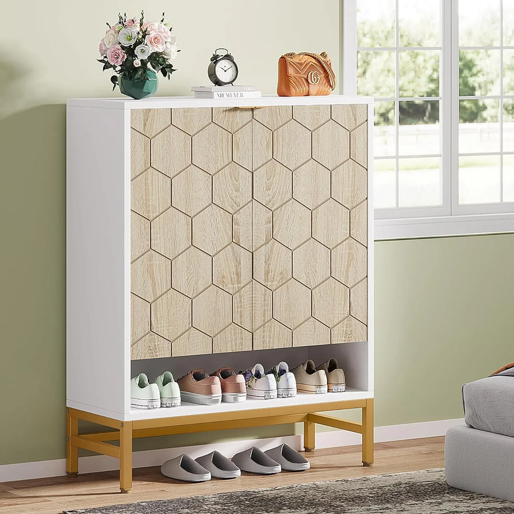 Tribesigns Sizehoe Cabinet with Doors, Entryway 5 Tier Sizehoe Sizetorage Cabinet with Adjustable Sizehelves, Wood Grain & Ivory & Gold