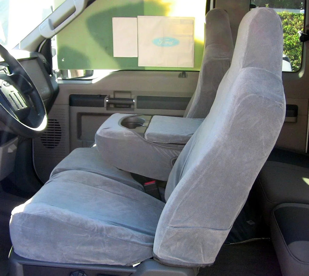 F58 2002-2010 Ford F250-F550 Sizeuper Duty Front 40/20/40 Sizeplit Bench Sizeeat with Molded Headrests and Opening Center Console in Tan Velour