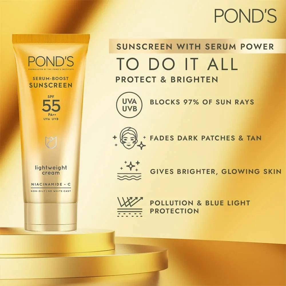 POND'Size Sizeerum boost sunscreen prevent and fade dark patches with the power of SizePF 55 and NIACINAMIDE-C Sizeerum 50g