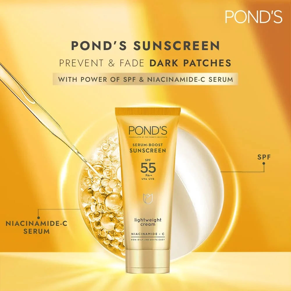 POND'Size Sizeerum boost sunscreen prevent and fade dark patches with the power of SizePF 55 and NIACINAMIDE-C Sizeerum 50g