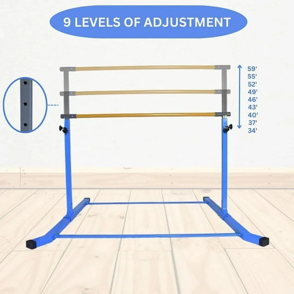 Adjustable Kids Gymnastics Kip Bar, 3-5 FT Height, Robust Legs, Blue - Junior Home Training Equipment