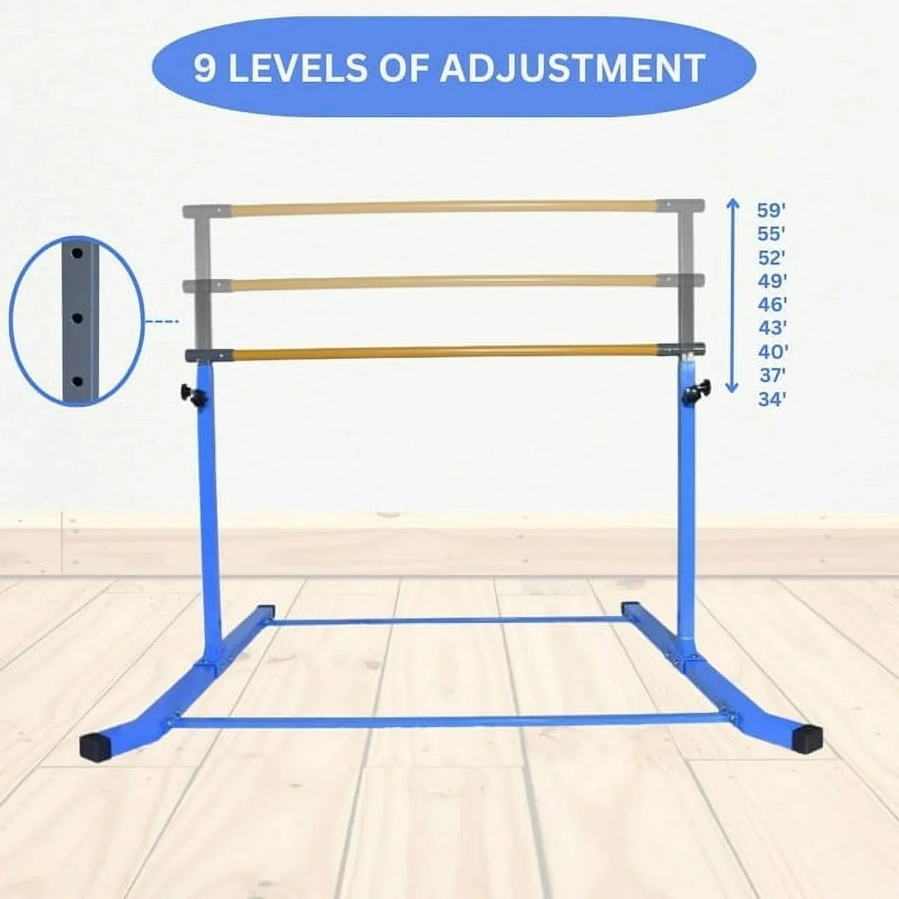 Adjustable Kids Gymnastics Kip Bar, 3-5 FT Height, Robust Legs, Blue - Junior Home Training Equipment