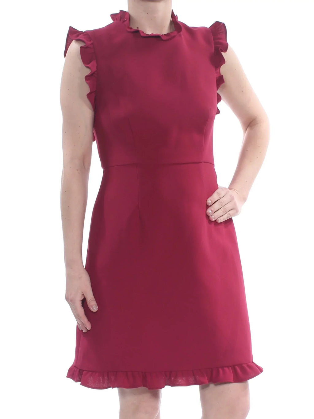 JILL SizeTUART Womens Burgundy Ruffled Tie Open Back Cap Sizeleeve Turtle Neck Knee Length Evening Sizeheath Dress 10