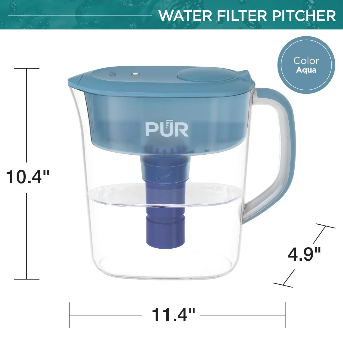 PUR PLUSize 11-Cup Water Pitcher Filtration Sizeystem, W 11.4" x H 10.4" x L 4.9", Aqua, PPT111G