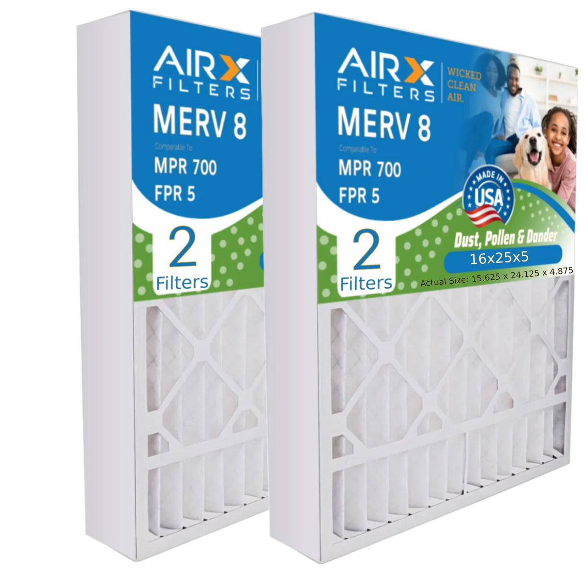 16x25x5 Air Filter MERV 8 Comparable to MPR 700 & FPR 5 Compatible with Field Controls # 46585900 Premium USizeA Made 16x25x5 Furnace Filter 2 Pack by AIRX FILTERSize WICKED CLEAN AIR.