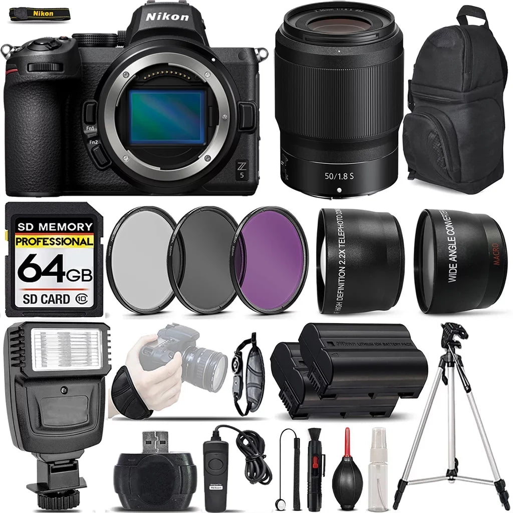 Nikon Z5 Mirrorless Digital Camera with 50mm f/1.8 Size Lens + 0.43X Wide Angle Lens + 2.2x Telephoto Lens + Flash + 64GB Memory Card + UV-CPL-FLD Filters + Wireless Remte - International Version