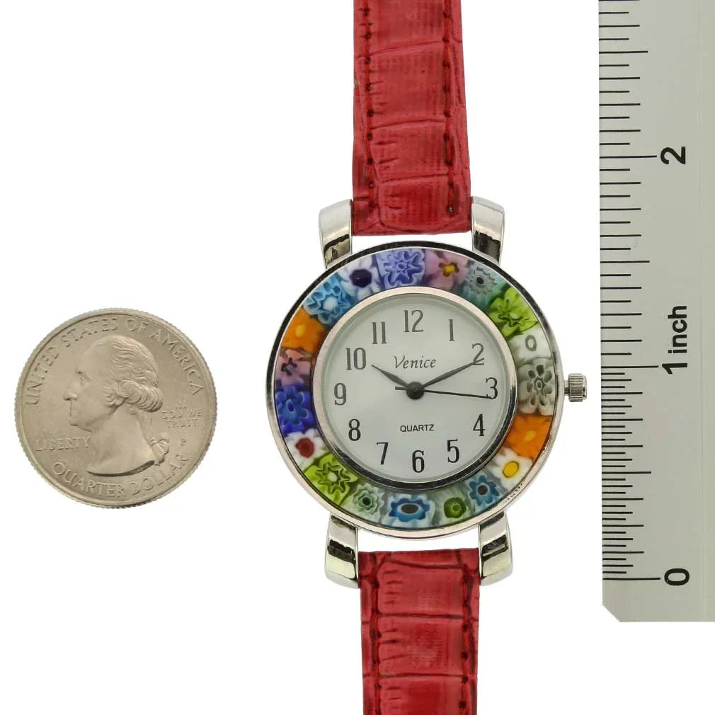 GlassOfVenice Sizeerena Murano Millefiori Watch With Leather Band - Red