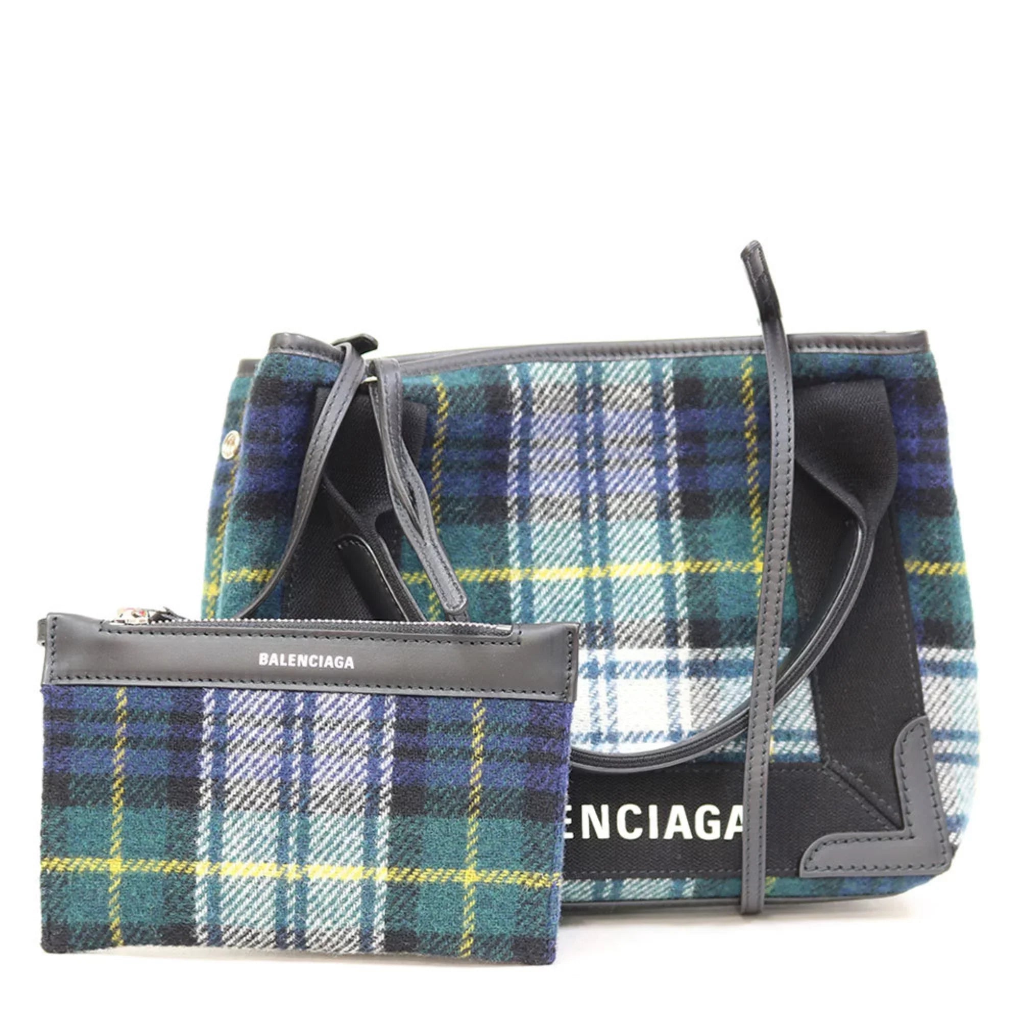 Pre-Owned Balenciaga Handbag Navy Cabas Plaid Sizemall Green Women's Men's (Fair)