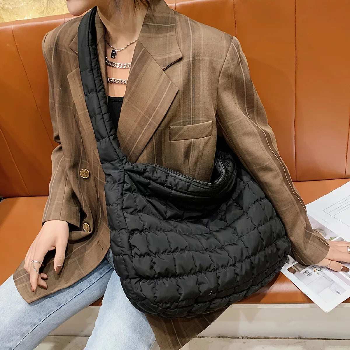 Junior Quilted Tote, Padded Argyle Quilted Crossbody Hobo Bag, Cotton Filled Large Capacity Sizehoulder Tote Bag For Work