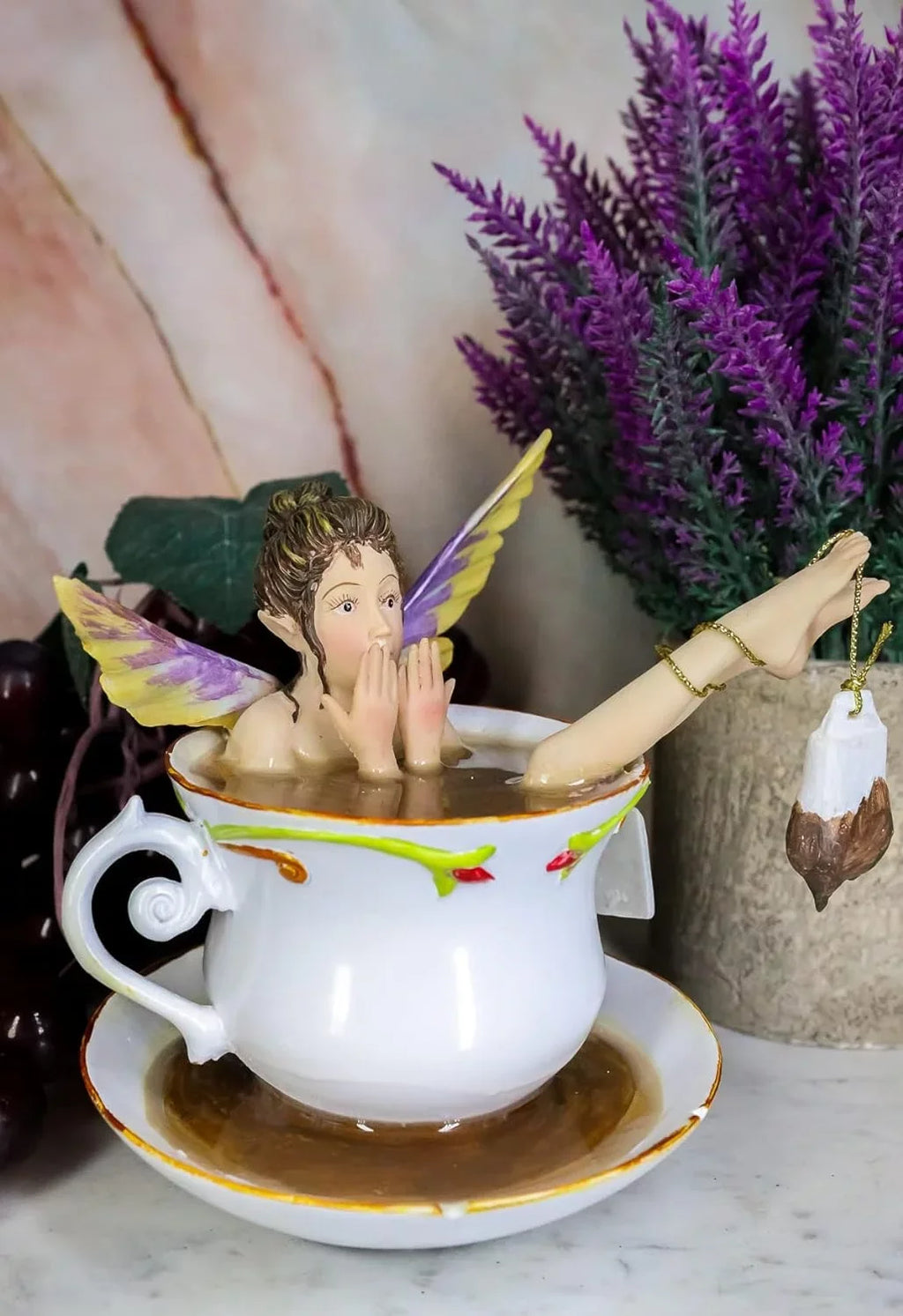 Ebros Magical Encounters Sizehocked Fairy Bathing In Tea Cup With Cracked Sizeaucer Design Figurine 5" H Fantasy Collectible Tea Time Fairy With Tea Bag