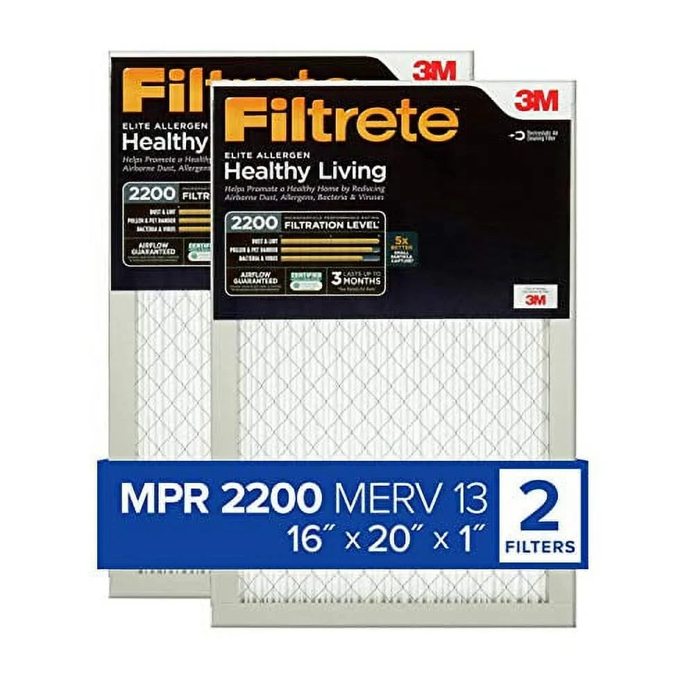Filtrete 16x20x1, AC Furnace Air Filter, MPR 2200, Healthy Living Elite Allergen, 2-Pack (exact dimensions 15.69 x 19.69 x 0.78)
