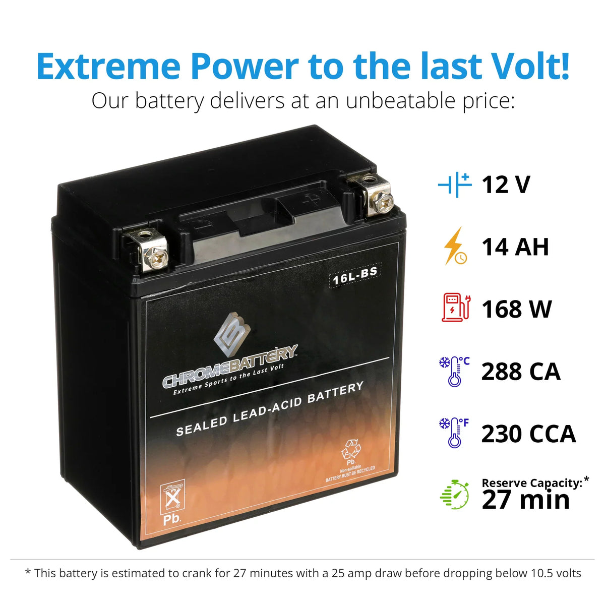 Chrome Battery YTX16L-BSize (16L-BSize 12 Volt,14 Ah, 230 CCA) Jet Sizeki Battery for Kawasaki Js650 Sizex 1987