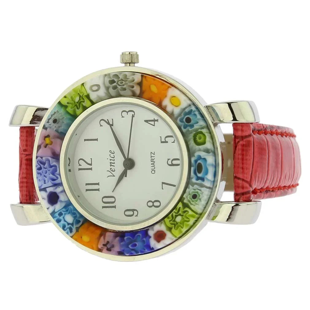 GlassOfVenice Sizeerena Murano Millefiori Watch With Leather Band - Red