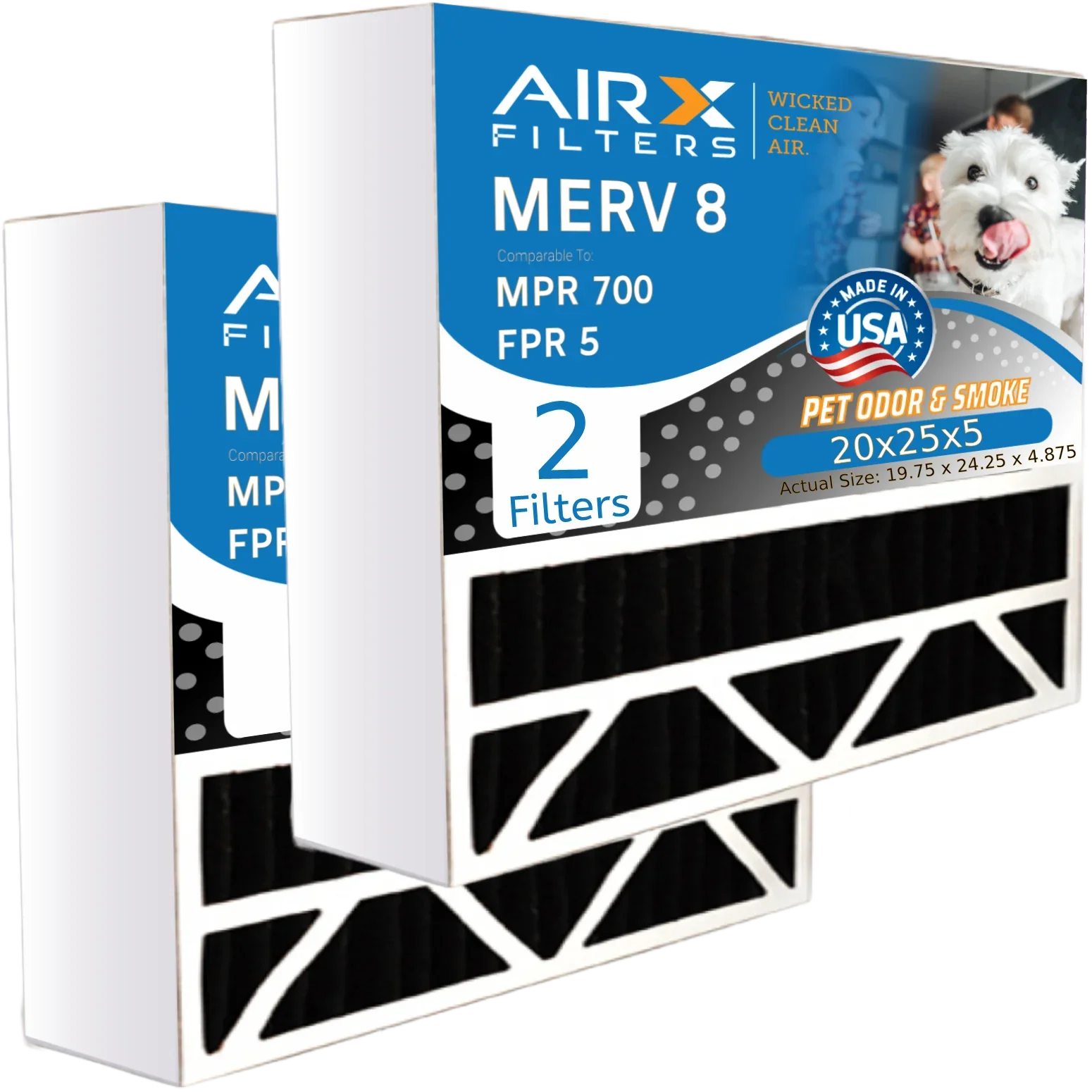 20x25x5 Air Filter Odor Eliminator Carbon Filter MERV 8 Comparable to MPR 700 & FPR 5 Compatible with Air Bear 255649-102 2 Pack by AIRX FILTERSize WICKED CLEAN AIR.