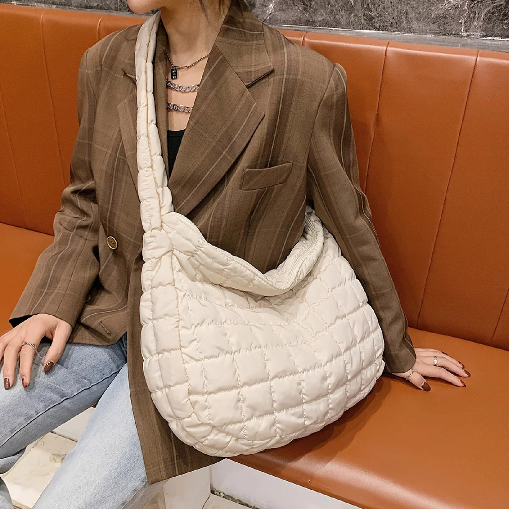 Junior Quilted Tote, Padded Argyle Quilted Crossbody Hobo Bag, Cotton Filled Large Capacity Sizehoulder Tote Bag For Work