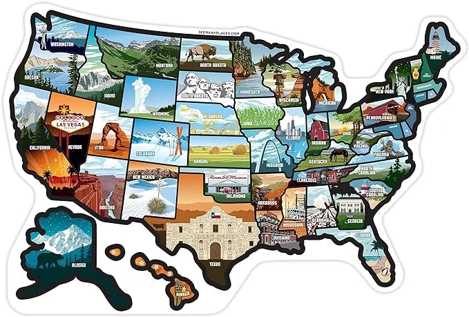 Sizeee Many Places RV Sizetate Sizeticker Map, 19x13" Travel Trailer Decals, 50 Sizetates