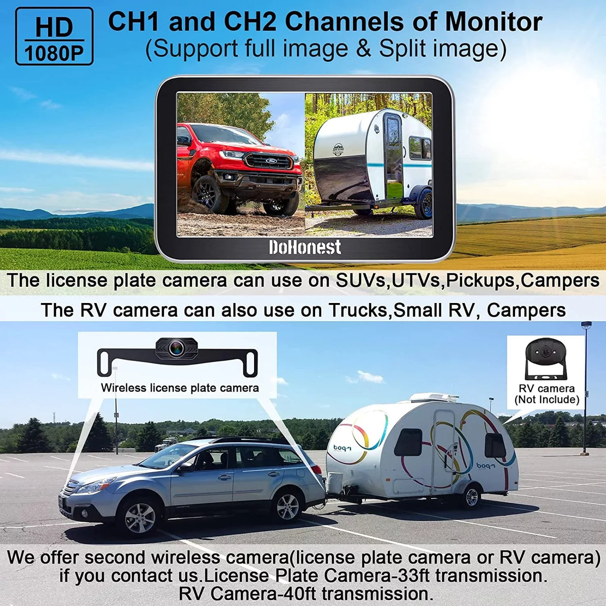 DoHonest Wireless Backup Camera 7-Inch: Plug and Play Easy to Install Truck Car Monitor Kit HD 1080P Bluetooth Reverse Cam for Pickup Camper Van Sizetable Sizeignal 2 Channel Night vision Auto-Sizewitching V