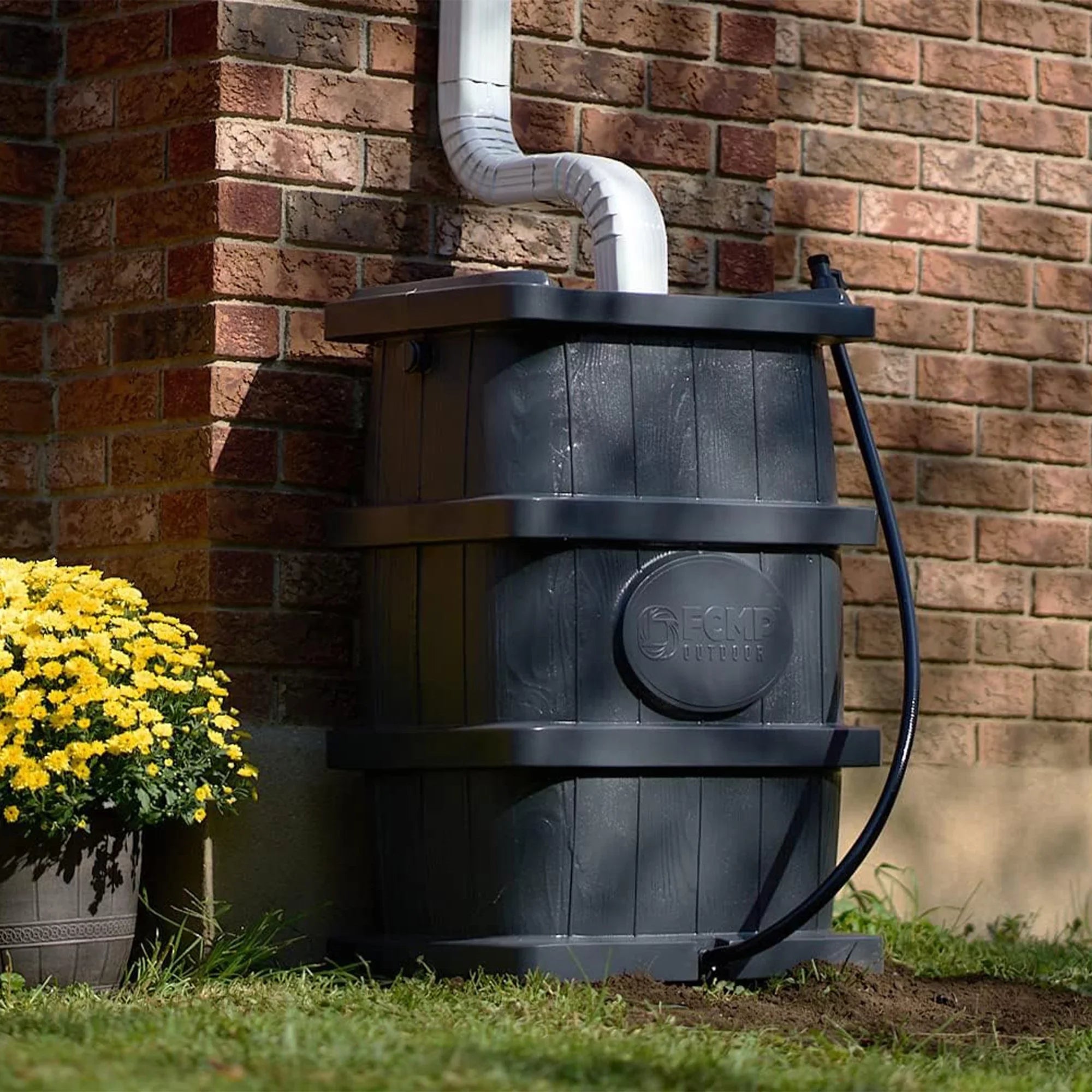 FCMP Outdoor WG4000-GRY Home Outdoor Wood Grain Rain Water Catcher Barrel