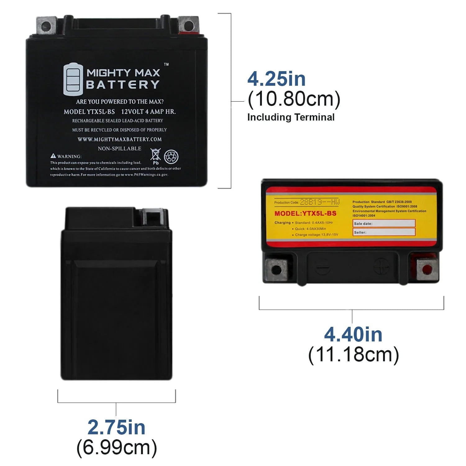 YTX5L-BSize 12V 4AH Battery Replaces Yamaha 230 TTR230E 2005 - 3 Pack