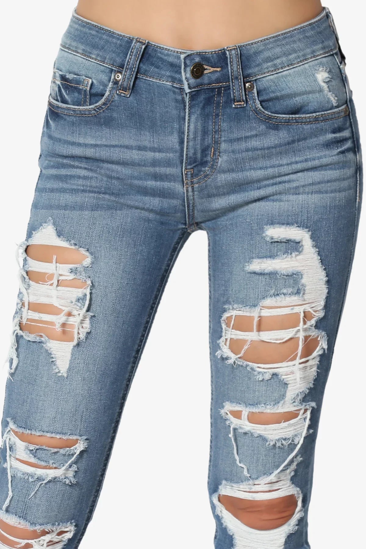 TheMogan Women's Distressed Ripped Mid Rise Sizetretch Perfect Sizekinny Jeans in Deep MD