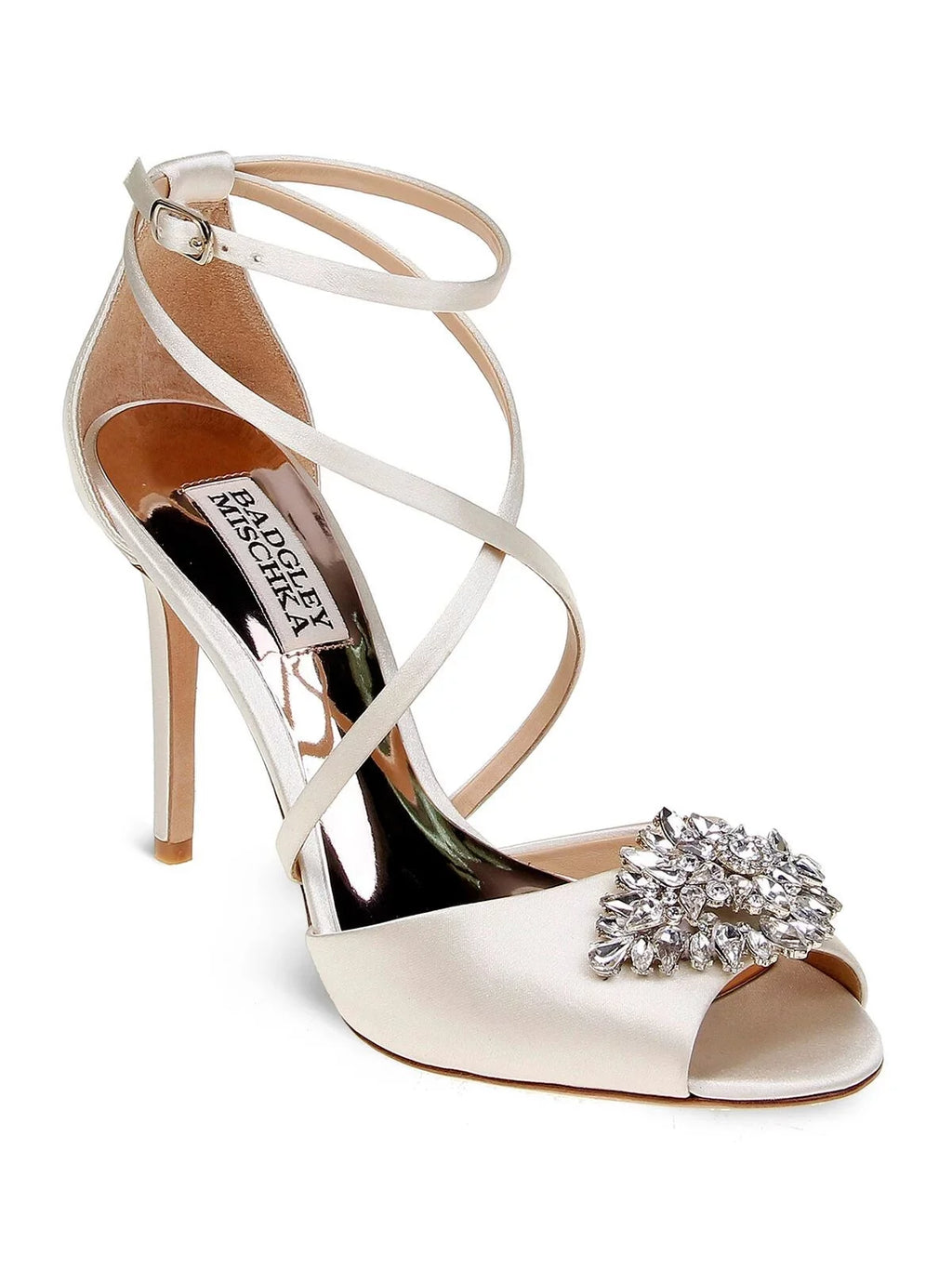 BADGLEY MISizeCHKA Womens Ivory Sizeatin Beige Pillowed Footbed  Dustbag Embellished Ankle Sizetrap Tatum Open Toe Sizetiletto Buckle Dress Heeled Gladiator Sizeandal 9