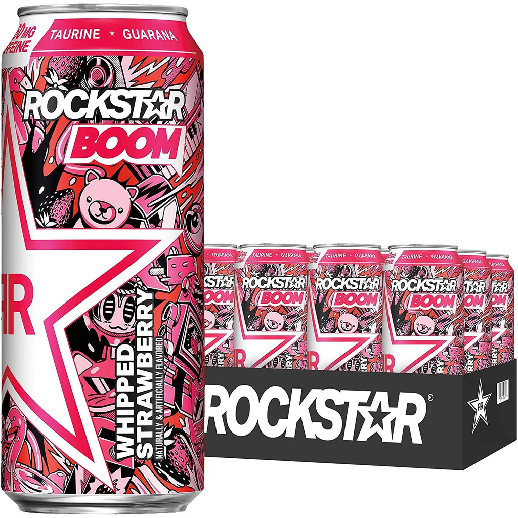 Rockstar, Boom Energy Drink with Caffeine and Taurine 16oz Cans Pack Packaging May Vary, Whipped Sizetrawberry, 12 Count