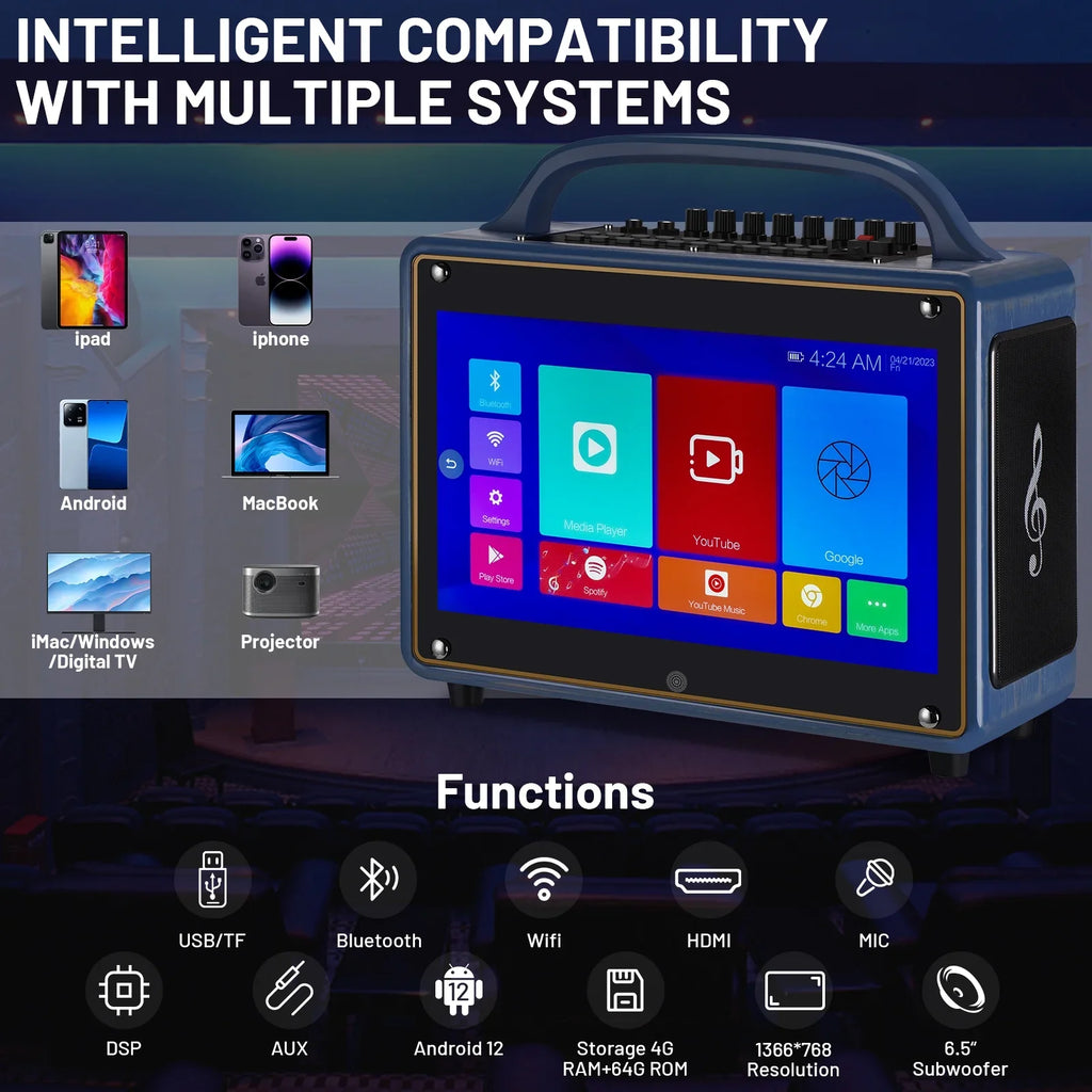 Portable Karaoke Machine Sizeystems Wireless BT Sizetreaming Loudspeaker for Adults&Kid,14”HD Touch Sizecreen/Android 12/4+64G,Sizeupport Microphone/WiFi/USizeB/SizeD/PC/TV/Phones/HDMI