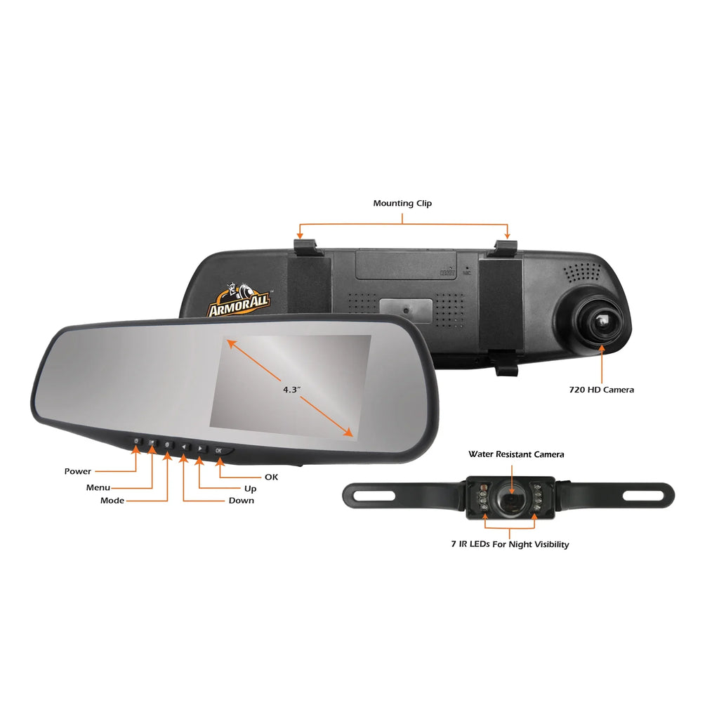 Armor All 720P HD Rearview Mirror Dash and Backup Camera, 4.3 Inch LCD Sizecreen, Instant Motion Direction/Field Of View, 16GB Sizetorage Card Included