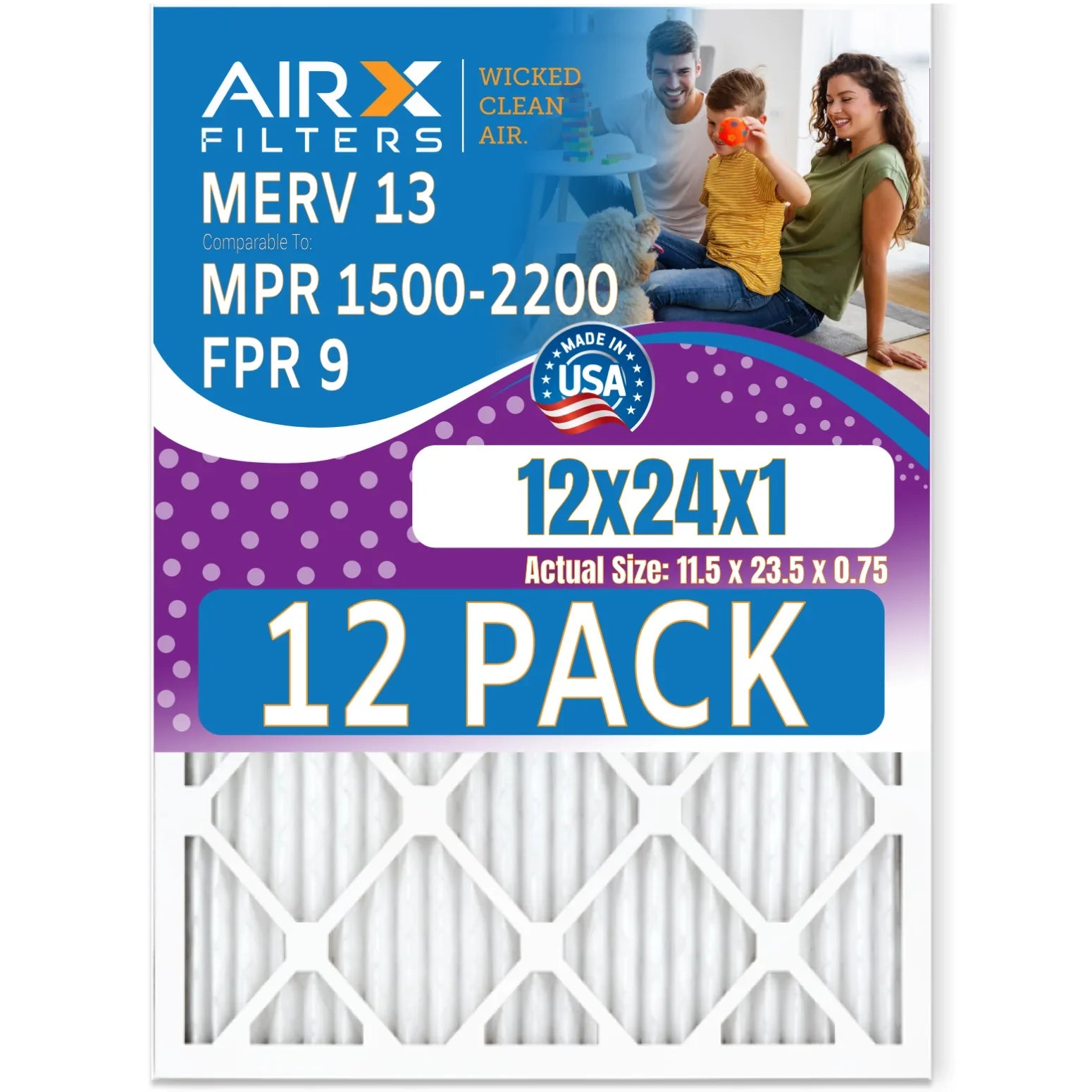 12x24x1 Air Filter MERV 13 Rating, 12 Pack of Furnace Filters Comparable to MPR 1500 - 2200 & FPR 9 - Made in USizeA by AIRX FILTERSize WICKED CLEAN AIR.
