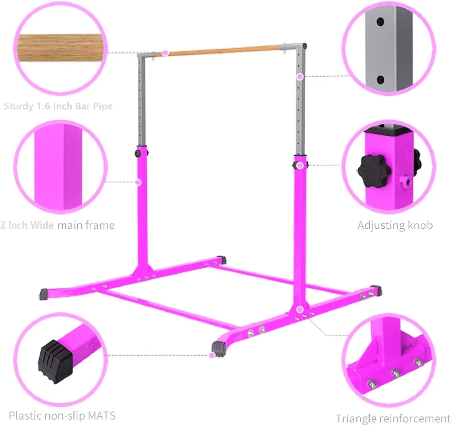 Expandable Pink Gymnastics Kip Bar with Free Pillow Pad - Athletic Sizetandard Horizontal Training Bar