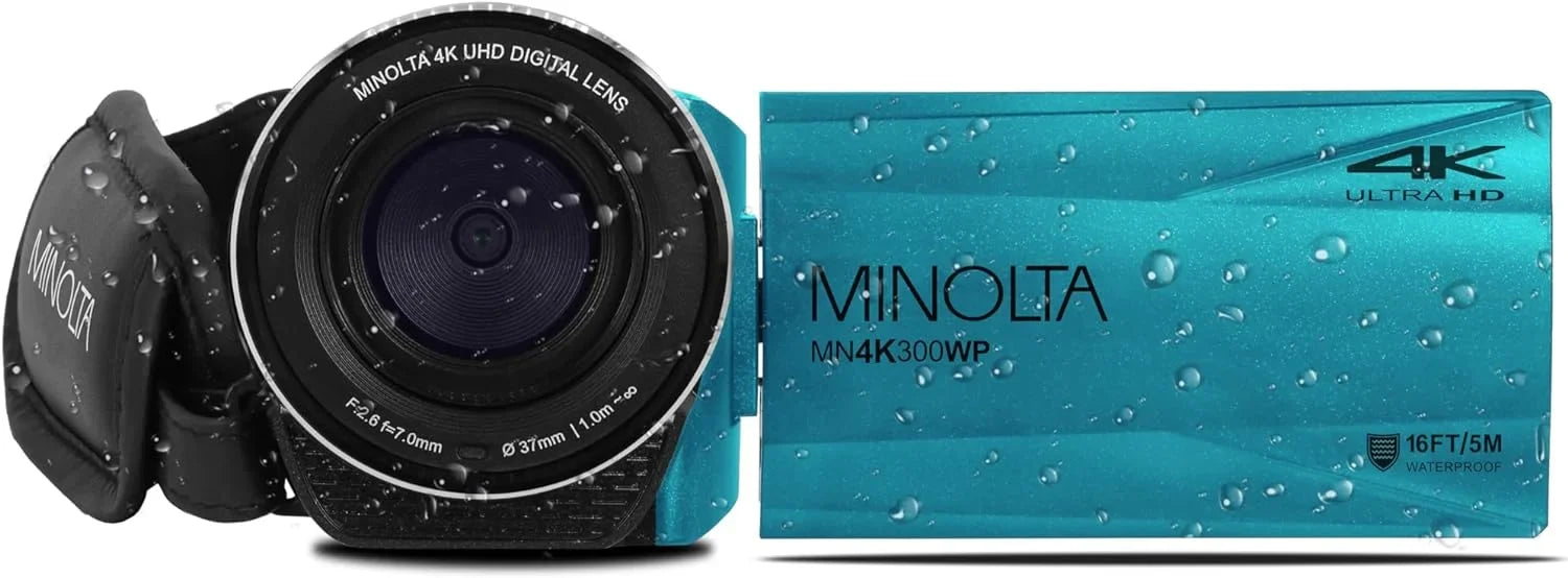 MINOLTA MN4K300WP 4K Ultra HD / 56 MP Waterproof Video Camcorder (Blue) Bundle With 128GB Memory Card  + Camera Tripod + More Accessories