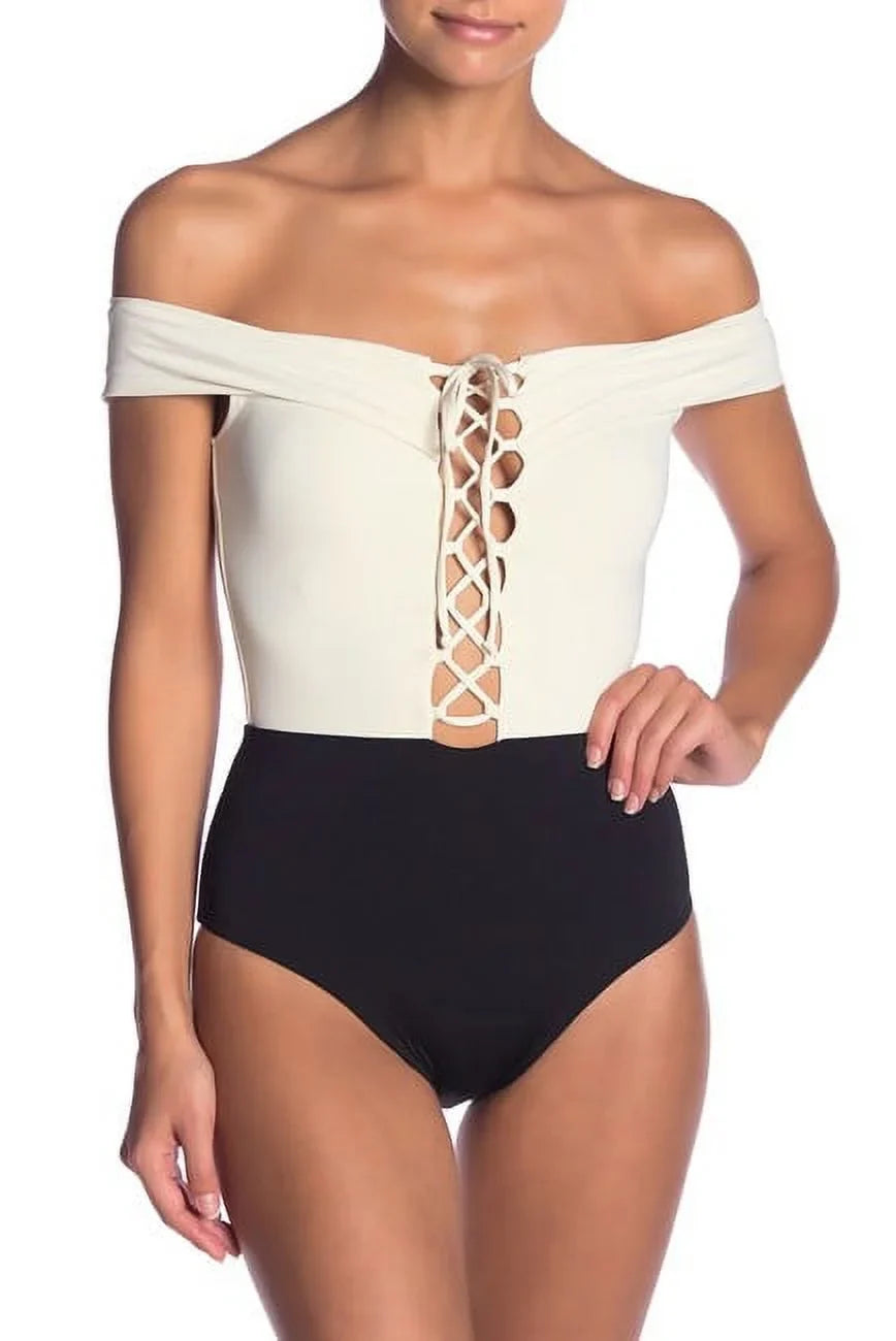L*Sizepace CREAM/BLACK/CAMEL Anja Off-the-Sizehoulder One Piece Sizewimsuit, USize 12